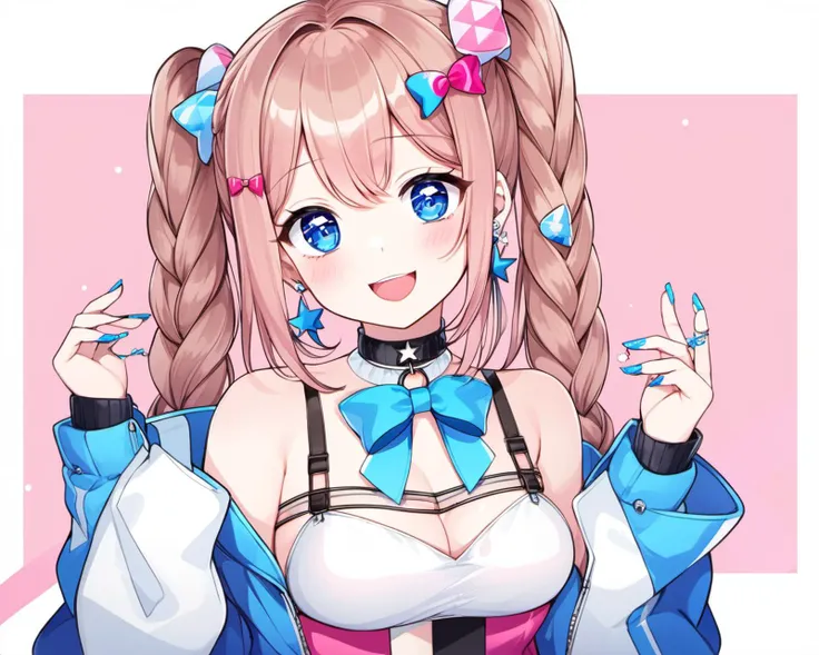 1girl, solo, braid, twin braids, brown hair, hair ornament, jacket, headwear removed, smile, blue jacket, blue nails, bow, +_+, bangs, nail polish, bandaid, :d, hat removed, hat, hairclip, upper body, cropped torso, open jacket, looking at viewer, hair bow, white choker, open mouth, blue bow, long sleeves, off shoulder, cup, collarbone, hands up, open clothes, sleeveless, shirt, twintails, long hair, white bow, pink eyes, blush, bare shoulders, mug, earrings, white shirt, symbol-shaped pupils, piercing, pink nails, jewelry, bandaid on hand, steepled fingers, choker, white dress, own hands together, virtual youtuber, multicolored hair, ear piercing, hood down, star (symbol), multicolored nails