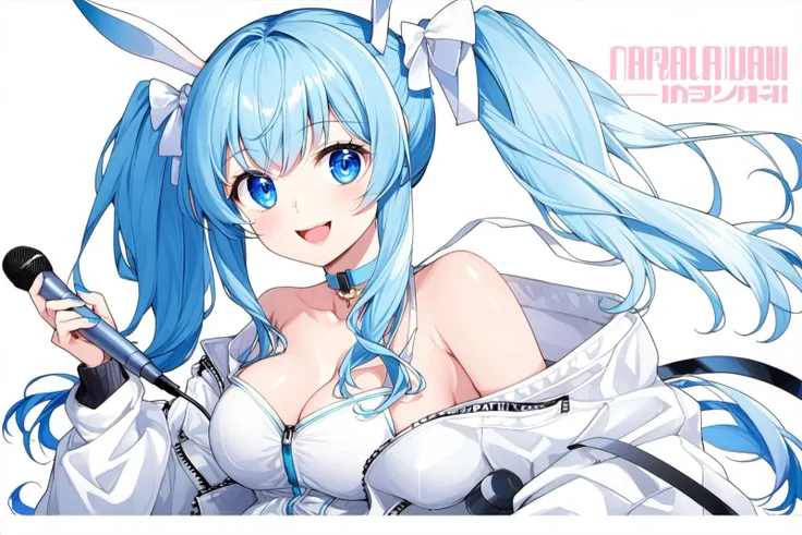 1girl, solo, animal ears, blue eyes, blue hair, rabbit ears, smile, holding, twintails, microphone, looking at viewer, long hair, white jacket, breasts, upper body, bangs, white background, jacket, open jacket, blush, hair ornament, hair between eyes, open clothes, blue nails, off shoulder, long sleeves, ribbon, holding microphone, simple background