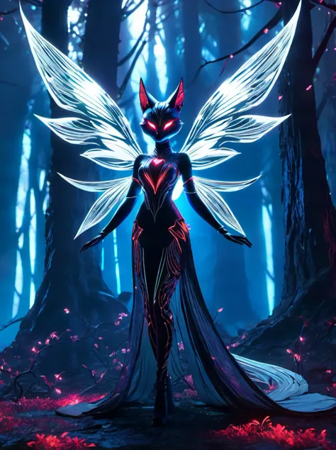 mutated hybrid [fairy:fox:2],gloomy fantasy,romantic face,detailed wings,glowing,combidress made from ((thin silver threads)),body inner neon glowing,ethereal,magical,enchanting,fantasy and mistic art,mystica,creepy lighting,crimson light,(gloomy haze:1.4),dark forest background,, DSLR, 8k uhd, hdr, ultra-detailed, high quality, high contrast, high resolution, masterpiece, best quality,