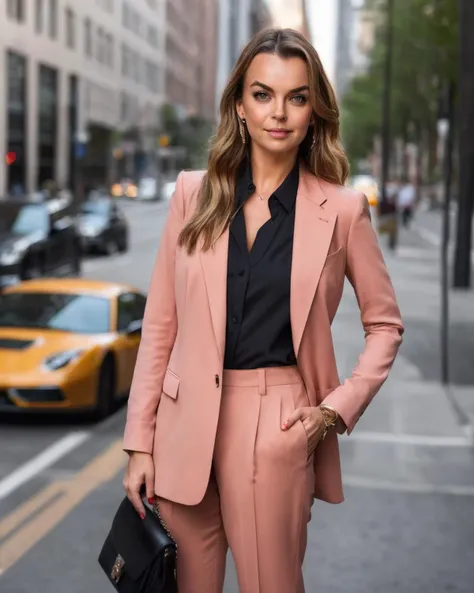 bianca_bradey, <lora:BiancaBradeyXL:1>,solo, long hair, looking at viewer, smile, pink business suit, blouse, necktie, blonde hair, brown hair, shirt, black hair, red hair, long sleeves, jewelry, standing, earrings, pants, bag, ((perfect eyes, detailed eyes,realistic eyes)), ((sharp face, detailed face, realistic face, naturtal skin, realistic skin, detailed skin, pores))