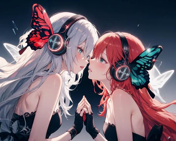 magnetvocaloid,butterfly wings headphones, 
multiple girls, 2girls, yuri,fingerless gloves, 
 <lora:MagnetVocaloid:1>,
red hair,black veil,funeral dress, black dress,