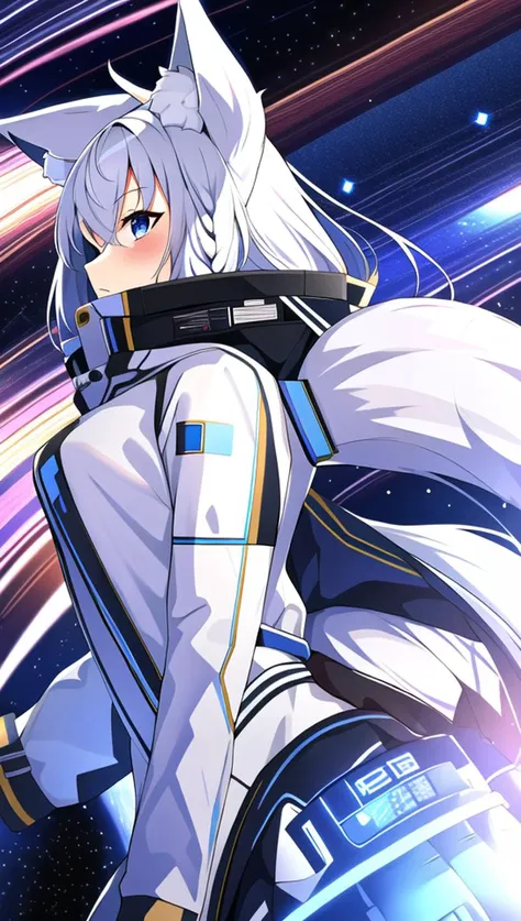 masterpiece, best quality, 1girl, (space), spacecraft, (spacesuit), upper body, from side, science fiction, purple eyes, silver hair, (detailed background), animal ears, fox ears, fox tail, fox girl, animal ear fluff, <lora:shirakamiFubuki_v10:1>, shirakami fubuki, spaceship interior, spacecraft interior,