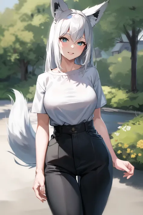 masterpiece, best quality, absurdres, perfect anatomy, realistic lighting 8k, cowboy shot
, Shirakami fubuki, 1girl, solo, fox ears, fox girl, white hair, aqua eyes, smile, parted lips,
high-waist pants, t-shirt, outdoors