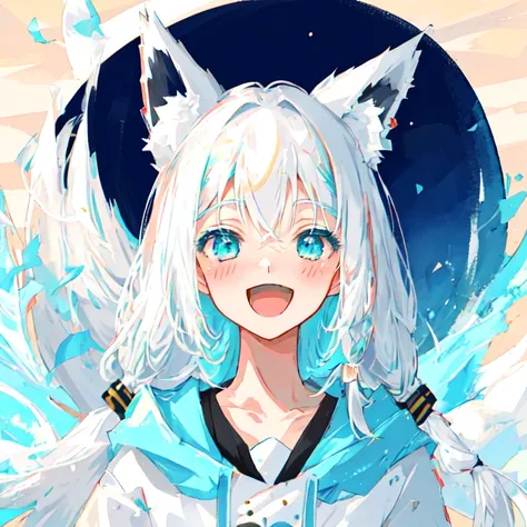 masterpiece, best quality, absurdres, portrait, 
, Shirakami fubuki, 1girl, solo, fox ears, fox girl, white hair, aqua eyes, :d, smile, open mouth, blush, 
detailed face, detailed eyes,