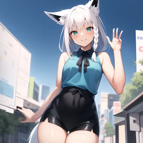 2d, masterpiece, best quality, anime, highly detailed eyes, highly detailed face, cowboy shot, feet out of frame, 1girl, solo, standing, smile, waving, tokyo \(city\), highly detailed background, <lora:shirakami fubuki 2:0.7> shirakami fubuki, fubuki, hololive, virtual youtuber, (white hair), medium hair, aqua eyes, fox girl, fox tail, fox ears, ear fluff, small breasts, wide hips, tall, braid, (single braid), (side braid), blue shirt, shorts, short shorts, black shorts