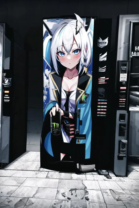 1girl, Shirakami Fubuki, Fubuki, <lora:CHAR-ShirakamiFubuki_v.1.0:1>, (holding can, can:1.4), highly detailed eyes, highly detailed face, open jacket, solo, seiza, thighhighs, shorts, black legwear, alternate outfit, blue eyes, brick wall, can, collarbone, open clothes, pavement, tile floor, tile wall, tiles, soda can, monster energy, energy drink,
BREAK (VendingMaschine, vending machine:1.2), <lora:VendingMaschine:1>