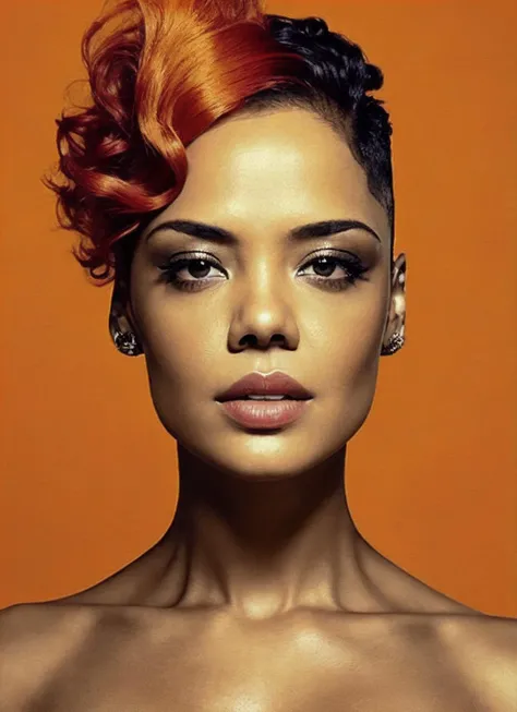 portrait of sks woman by Flora Borsi, style by Flora Borsi, bold, bright colours, orange Mohawk haircut, ((Flora Borsi)), <lora:locon_tessa_v1_from_v1_64_32:1.3>