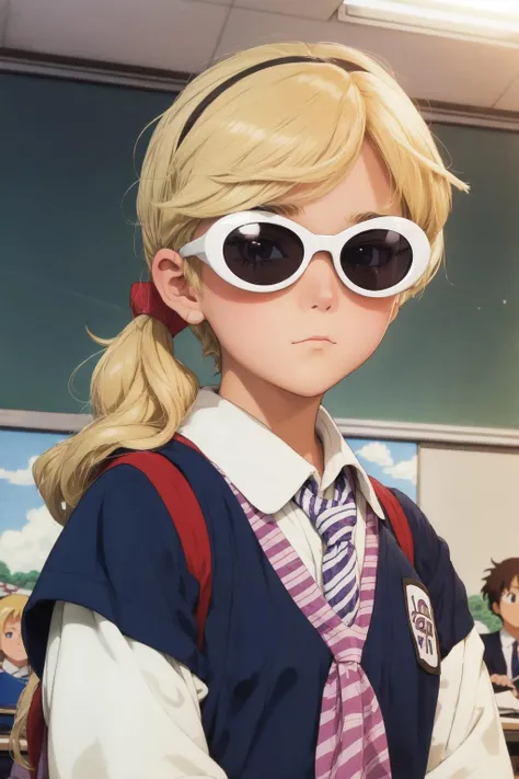 80's anime, studio ghibli, masterpiece, best quality, clout goggles, close-up face shot, 1girl, blonde hair, school uniform, classroom background, <lora:clout:0.8> <lora:more_details:0.3>