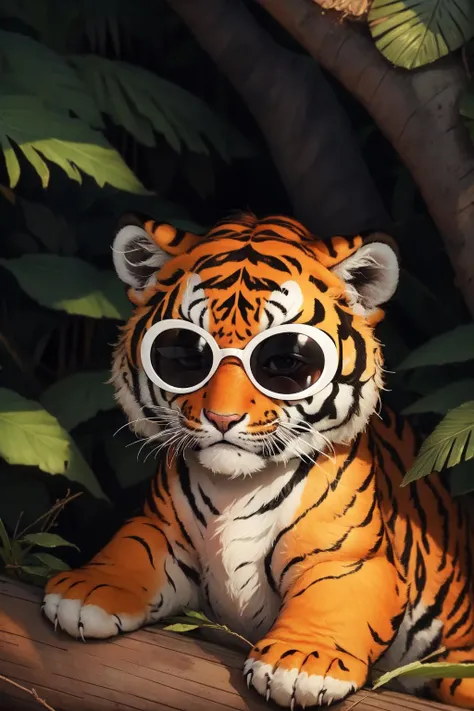8k, best quality, masterpiece, clout goggles, small tiger cub, jungle background, <lora:clout:1>