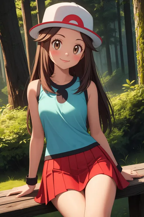 pkmnleaf, 1girl, solo, brown eyes, brown hair, long hair, sidelocks, hat, white headwear,
aqua shirt, sleeveless, red skirt, miniskirt, pleated skirt, black wristband,
smile,closed mouth,cowboy shot,sitting,
forest,outdoor,
(insanely detailed, beautiful detailed face, masterpiece, best quality) cinematic lighting,<lora:PKMN_Leaf_v1:1>, <lora:more_details:0.3>,