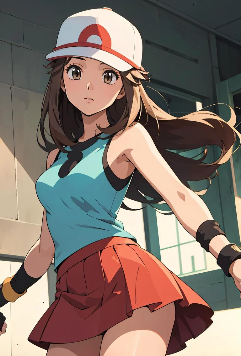 (masterpiece, best quality), 1girl, <lora:PKMN_Leaf_v1:0.8> pkmnleaf, 1girl, solo, brown eyes, brown hair, long hair, sidelocks, hat, white headwear,, aqua shirt, sleeveless, red skirt, miniskirt, pleated skirt, black wristband,