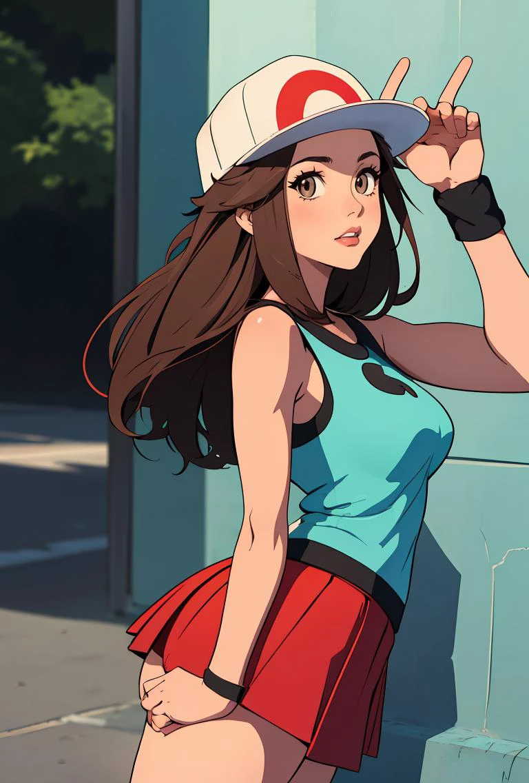 (masterpiece, best quality), 1girl, <lora:PKMN_Leaf_v1:0.8> pkmnleaf, 1girl, solo, brown eyes, brown hair, long hair, sidelocks, hat, white headwear,, aqua shirt, sleeveless, red skirt, miniskirt, pleated skirt, black wristband,