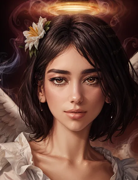 <lora:dua-01:1.2> a woman du4,((style-swirlmagic:0.9), portrait, looking away, solo,  upper body, detailed background, close up, shining (<lora:smoke_model:0.4>, smokestyle theme:1.1), divine archangel of love, soft smile, bright eyes,  (small floating hearts:0.8), red light, pink ethereal background, majestic divine atmosphere, bright light, holy aura, bloom, halo above head, divine light, white clothes,   dynamic pose, ):0.75