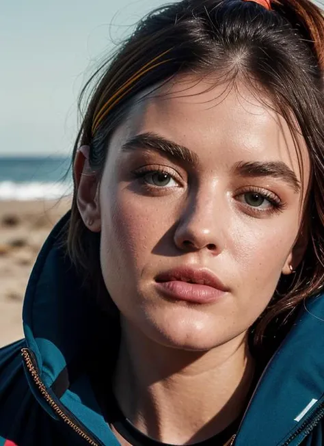 A stunning intricate color close up portrait of (sks woman:1) , wearing Graphic sweatshirt and jogger pants, epic character composition, sharp focus, natural lighting, subsurface scattering, f2, 35mm, film grain, , by Guy Bourdin, <lora:lora-small-lucy-hale-v1:1>