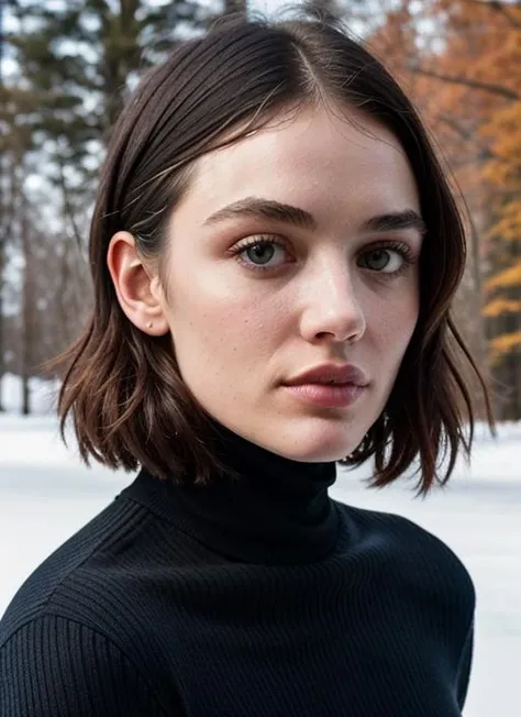 A stunning intricate color close up portrait of (sks woman:1) , wearing black turtleneck, epic character composition, sharp focus, natural lighting, subsurface scattering, f2, 35mm, film grain, , by Edward Weston, <lora:lora-small-lucy-hale-v1:1>