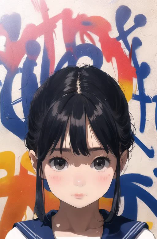 (Masterpiece, best picture quality, realistic :1.2, realistic), 8k,hd, Asian girl, 8 years d face, children's hair, wearing blue and white striped sailor suit, graffiti wall, colorful colors