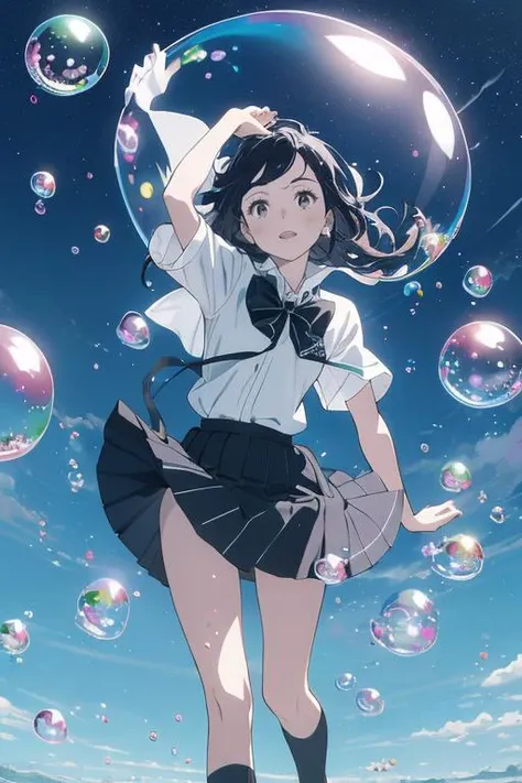 (Masterpiece, best picture quality),girl,gem_uniform_(houseki_no_kuni),skirt_lift,((colorful bubble)),(floating),detailed light,