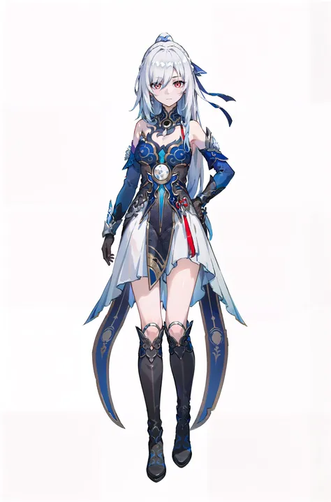 8k, best quality, masterpiece, (ultra-detailed:1.1), (high detailed skin), 
(full body:1.2), white background, standing, hand on hip, 
<lora:jingliu-v100-000018:0.8>, jingliu, silver hair, elbow gloves, long hair, red eyes, boots, bare shoulders, dress, hair ribbon, 
<lora:EnvyBetterHands LoCon_beta2 è¾å©:0.65>, (good hands,nice hands:0.6), 
(white background, simple background,:1.2), 
(beautiful_face), ((intricate_detail)), clear face, 
((finely_detailed)), fine_fabric_emphasis, 
((glossy)), full_shot,