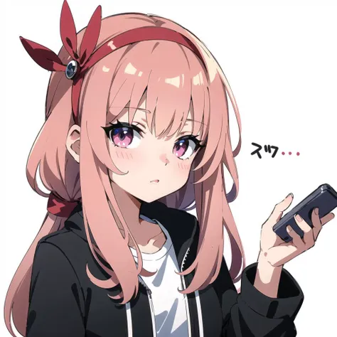 a pink haired anime girl with a phone in her hand and a headband on her head, with a white background, Aya Goda, remodernism, no text, pixel art