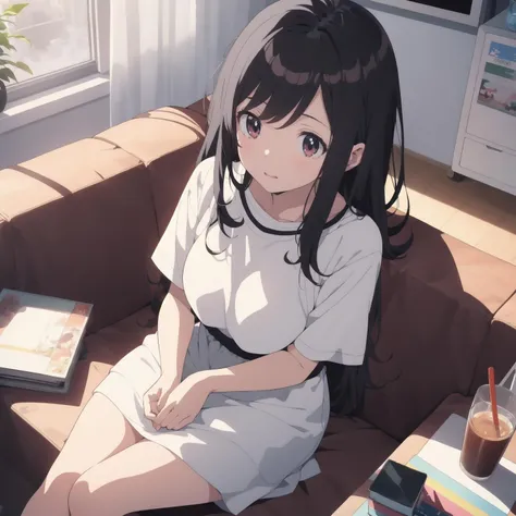 Highest quality, masterpiece, anime illustration, game risograph1 girl, sitting on the couch, watching TV, great picture,CG,at noon