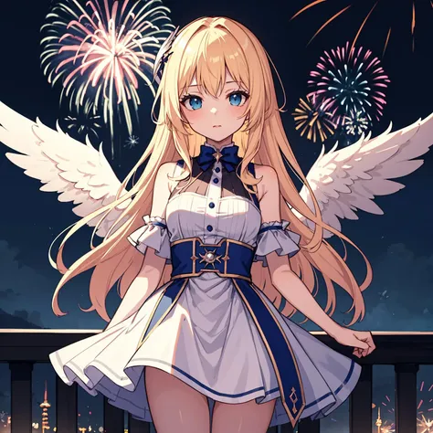 a 1girl with angel wings and a clock in the background with fireworks and stars around her, and a clock in the middle of the image, Alice Prin, elysium, a detailed drawing, neo-romanticism