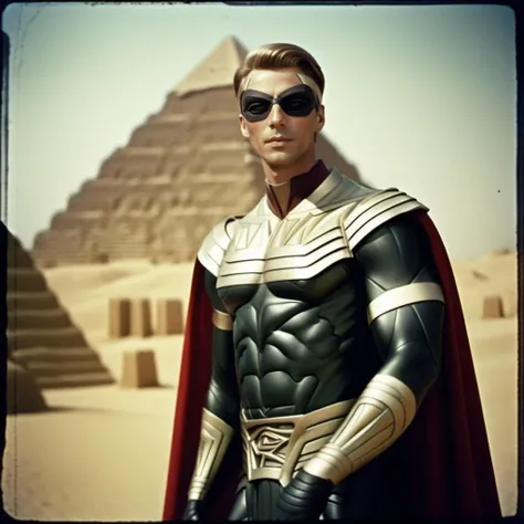 analog film photo a man with a mask in a superhero suit and cape, in a 80s egypt pyramids background<lora:Ozymandias1024-000450:0.8> . faded film, desaturated, 35mm photo, grainy, vignette, vintage, Kodachrome, Lomography, stained, highly detailed, found footage