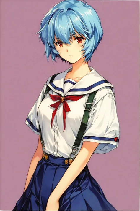 score_9,score_8_up,score_7_up,masterpiece,best quality,very aesthetic,absurdres,official art,official style,
1girl,ayanami rei,solo,red eyes,short hair,school uniform,blue hair,tokyo-3 middle school uniform,signature,short sleeves,hair between eyes,suspender skirt,purple background,bangs,purple theme,shirt,cowboy shot,looking to the side,skirt,white shirt,looking at viewer,parted lips,suspenders,retro artstyle,traditional media,
<lora:MIN-NARAKEN_XL_PONY:0.9>,