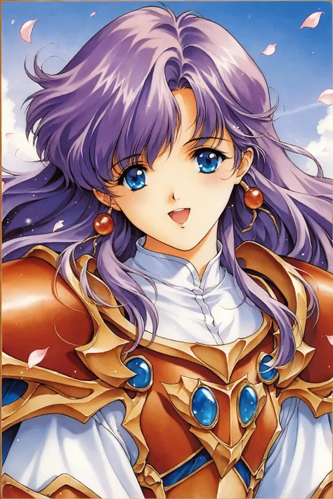 score_9,score_8_up,score_7_up,masterpiece,best quality,very aesthetic,absurdres,official art,official style,
1girl,solo,long hair,blue eyes,retro artstyle,purple hair,weapon,open mouth,smile,1990s (style),petals,upper body,long sleeves,armor,flower,traditional media,
<lora:MIN-NARAKEN_XL_PONY:0.9>,