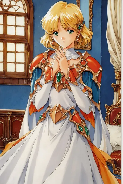 score_9,score_8_up,score_7_up,masterpiece,best quality,very aesthetic,absurdres,official art,official style,
1girl,solo,dress,blonde hair,armor,1990s (style),short hair,own hands together,green eyes,retro artstyle,white dress,cape,window,hair ornament,shoulder armor,indoors,shoulder pads,own own hands together,traditional media,
<lora:MIN-NARAKEN_XL_PONY:0.9>,