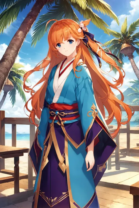 score_9,score_8_up,score_7_up,masterpiece,best quality,very aesthetic,absurdres,official art,official style,
1girl, solo, blue eyes, orange hair, long hair, ahoge, day, tree, ribbon, hair ribbon, sky, hair ornament, palm tree, japanese clothes, outdoors,Game CG,
<lora:MIN-NARAKEN_XL_PONY:0.8>,