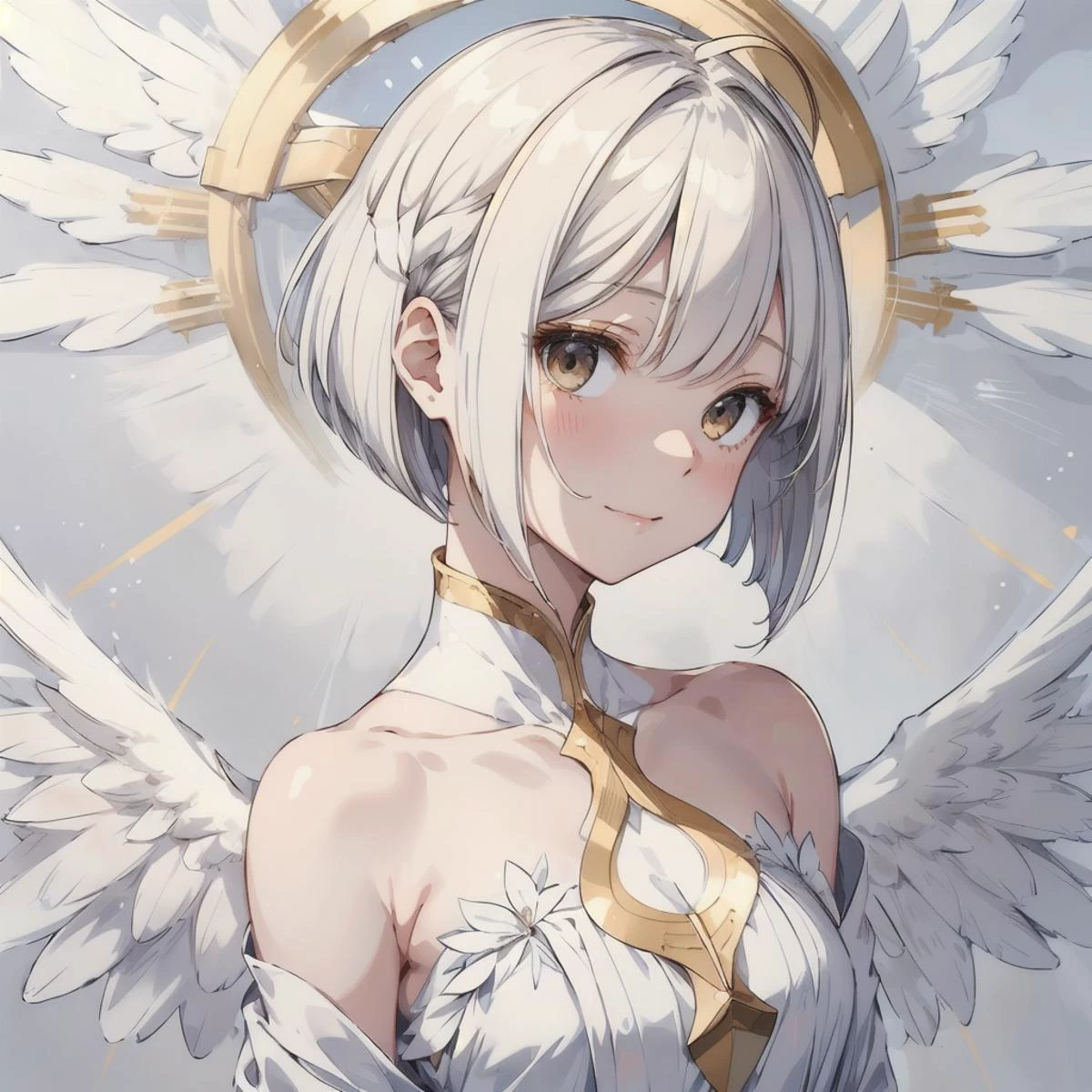 1girl,portrait, angel, closed mouth,(white and golden split hair:1.1),<lora:ProfilePicture_LoRA:0.3>,Profile Picture,<lora:sliced_bob_1.0:0.5> sliced bob, hair covering one eye,full body shot, white and golden dress, halo, white and golden wings, ,closed mouth gentle smiling, looking at camera, heaven in background,<lora:add_detail:0.8>, heaven, heavenly status