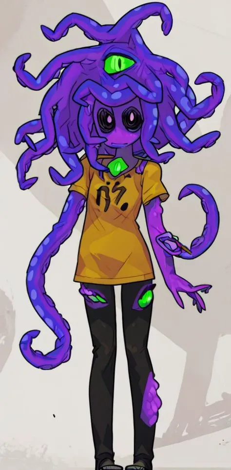 score_9, <lora:(Monster Prom) - Zoe XL:1> zoe z'gord, colored skin, monster girl, tentacle hair, colored sclera, tentacles, black eyes, extra eyes, black sclera, no nose, looking at viewer, <lora:Hata4564XL:1>