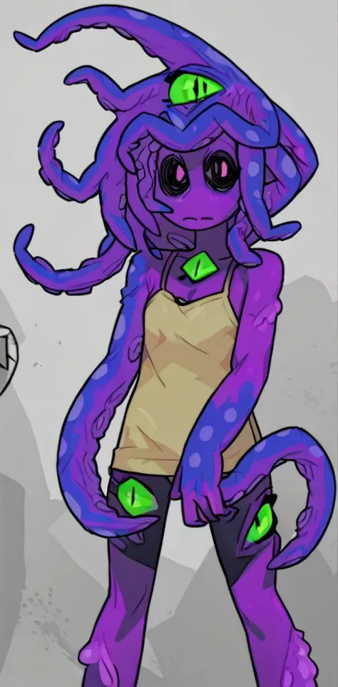 score_9, <lora:(Monster Prom) - Zoe XL:1> zoe z'gord, colored skin, monster girl, tentacle hair, colored sclera, tentacles, black eyes, extra eyes, black sclera, no nose, looking at viewer, <lora:Hata4564XL:1>