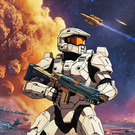 wcxl, moebius, man in armor holding a futuristic gun, inspired by halo art style, space background, space battleship, explosion, grainy texture <lora:watercolorXL:1>