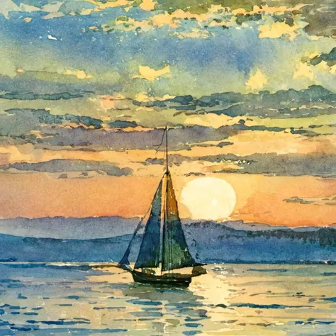 wcxl, sea, sail boat <lora:watercolorXL:1>