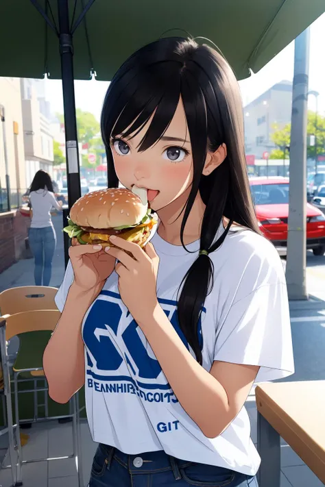 (RAW photo, best quality), 1girl, natural lighting,
<lora:shining_resonance_sonia_blanche_v1_2:1> sonia blanche, T-shirt, jeans, eating a hamburger,, mouth full of food,
