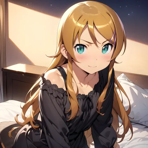 (masterpiece),(best quality),(ultra-detailed),(best illustration),(best shadow),(absurdres),(detailed background),(very aesthetic), kirino kousaka, blonde hair, long hair, hair clip, green eyes, bangs, seductive smile, casual outfit, black dress, looking at viewer, night background, on a room, <lora:XL-KirinoKousakav1:1>