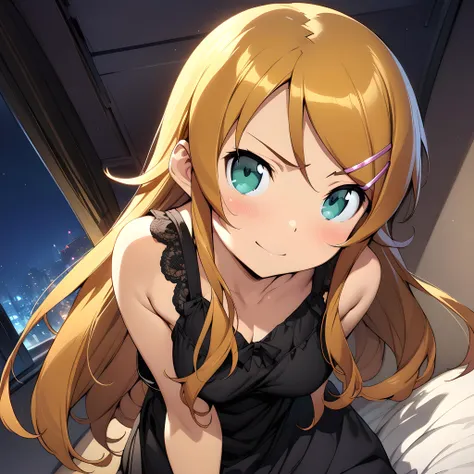 (masterpiece),(best quality),(ultra-detailed),(best illustration),(best shadow),(absurdres),(detailed background),(very aesthetic), kirino kousaka, blonde hair, long hair, hair clip, green eyes, bangs, seductive smile, casual outfit, black dress, looking at viewer, night background, on a room, <lora:XL-KirinoKousakav1:1>