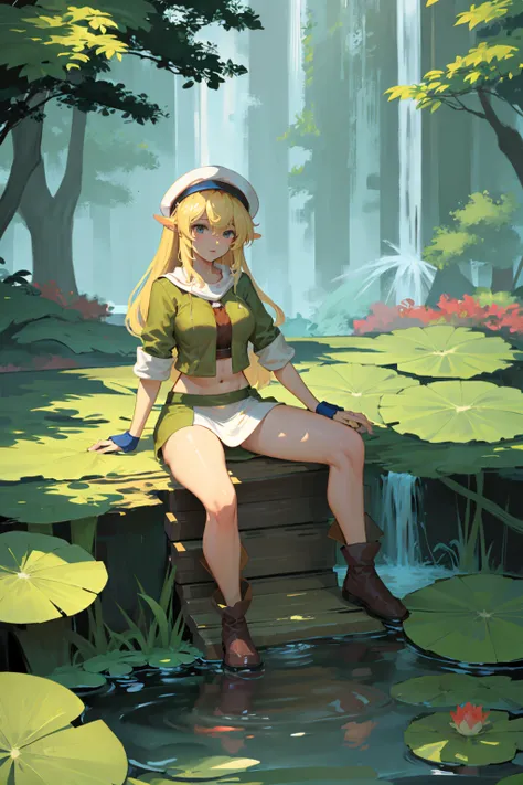 <lora:jak and daxter tess:1.2> tess on a floating island, waterfalls, trees, pond, Lilly pads, full body, high detail, sharp focus