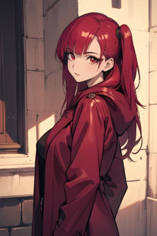 masterpiece, best quality, high quality, 1girl, solo, looking at viewer, upper body, <lora:morgiana_magi:0.62>, morgiana_magi, 1girl, red hair, long hair, red eyes, coat