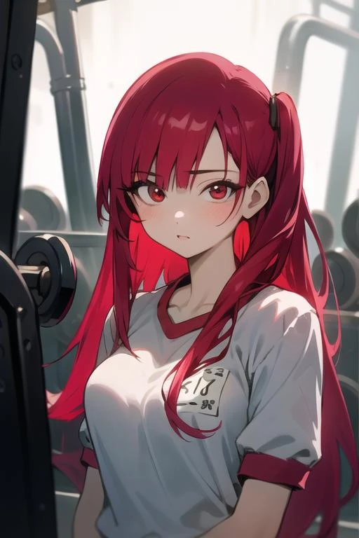 masterpiece, best quality, high quality, 1girl, solo, looking at viewer, upper body, <lora:morgiana_magi:0.64>, morgiana_magi, 1girl, red hair, long hair, red eyes, gym uniform