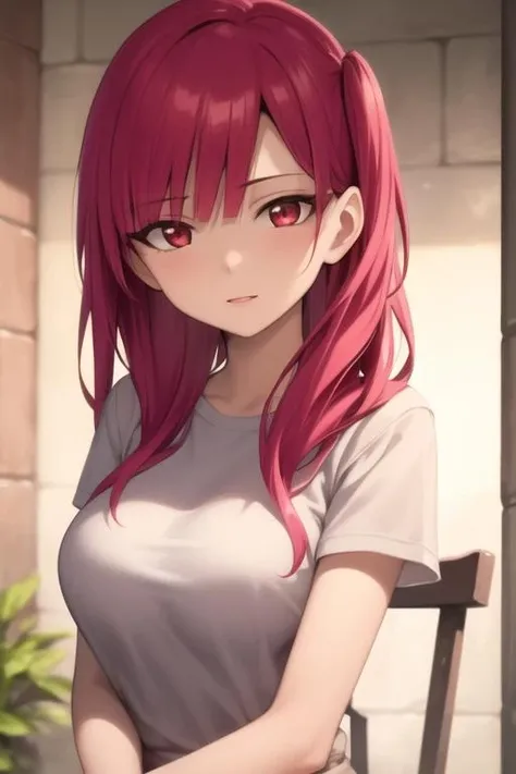 masterpiece, best quality, high quality, 1girl, solo, looking at viewer, upper body, <lora:morgiana_magi:0.58>, morgiana_magi, 1girl, red hair, long hair, red eyes, shirt