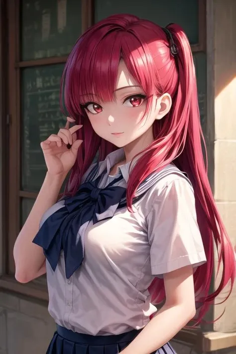 masterpiece, best quality, high quality, 1girl, solo, looking at viewer, upper body, <lora:morgiana_magi:0.58>, morgiana_magi, 1girl, red hair, long hair, red eyes, school uniform