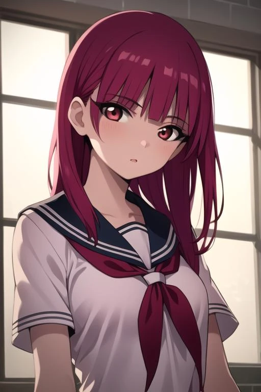 masterpiece, best quality, high quality, 1girl, solo, looking at viewer, upper body, <lora:morgiana_magi:0.68>, morgiana_magi, 1girl, red hair, long hair, red eyes, school uniform