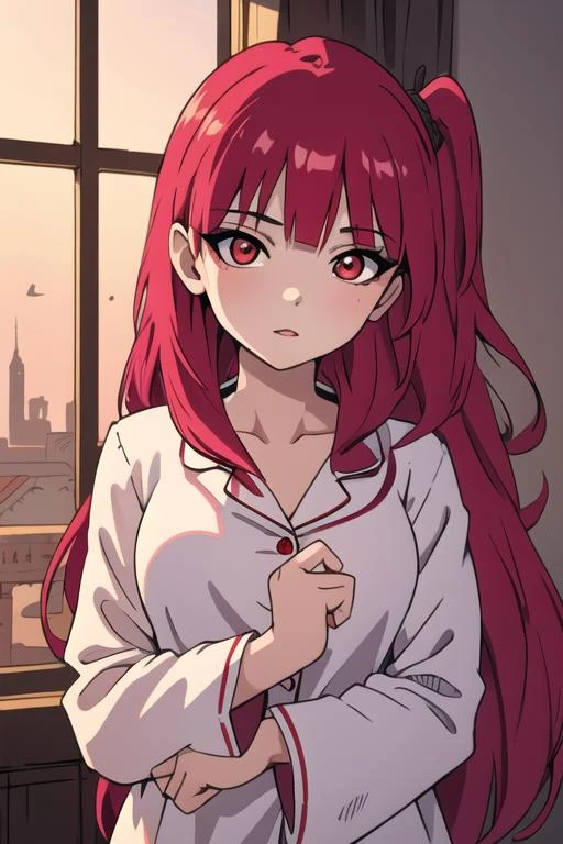 masterpiece, best quality, high quality, 1girl, solo, looking at viewer, upper body, <lora:morgiana_magi:0.64>, morgiana_magi, 1girl, red hair, long hair, red eyes, pajamas