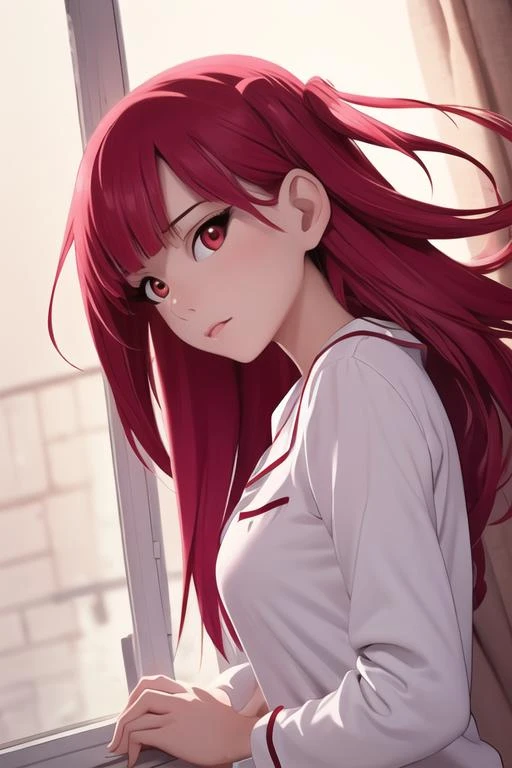 masterpiece, best quality, high quality, 1girl, solo, looking at viewer, upper body, <lora:morgiana_magi:0.66>, morgiana_magi, 1girl, red hair, long hair, red eyes, pajamas