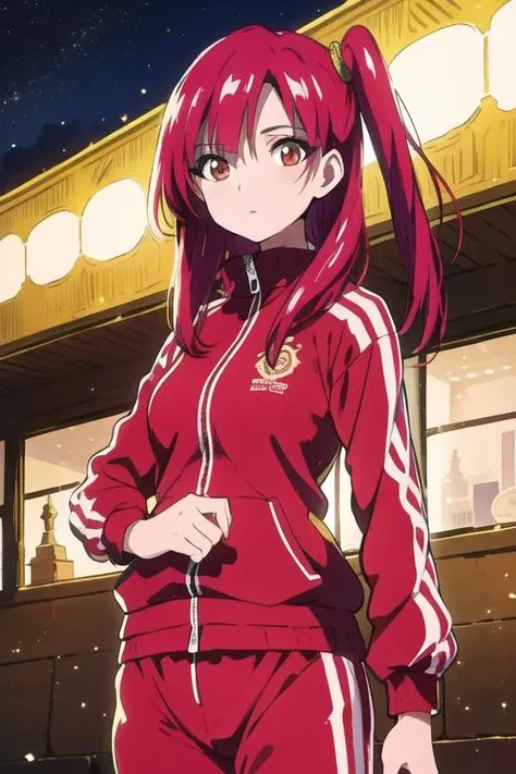 masterpiece, best quality, high quality, 1girl, solo, looking at viewer, upper body, <lora:morgiana_magi:0.72>, morgiana_magi, 1girl, red hair, long hair, red eyes, track suit