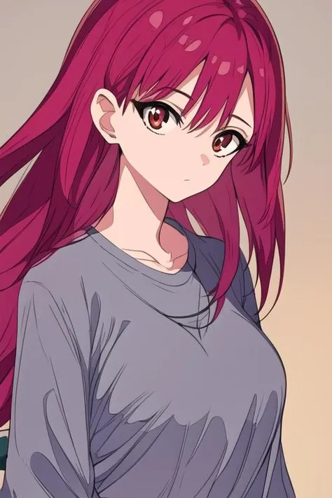 masterpiece, best quality, high quality, 1girl, solo, looking at viewer, upper body, <lora:morgiana_magi:0.52>, morgiana_magi, 1girl, red hair, long hair, red eyes, shirt