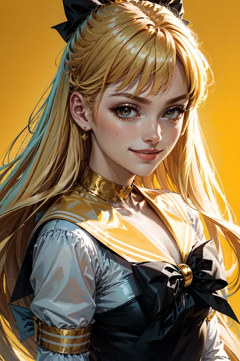 sailor_venus, smirk, portrait, simple yellow background, (masterpiece, best quality, detailed:1.3) <lora:sailor_venus:0.83>