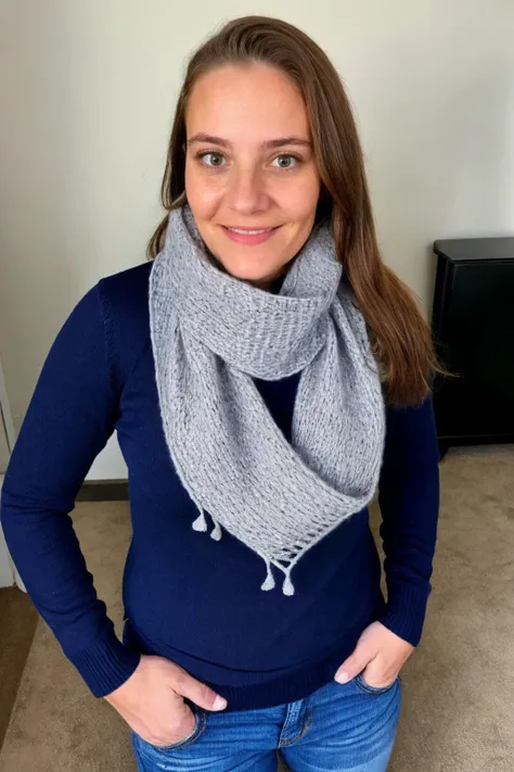 <lora:Face:0.9>, realistic photo of a woman, wearing a turtleneck sweater, wearing jeans, wearing a scarf, highly detailed, medium shot
